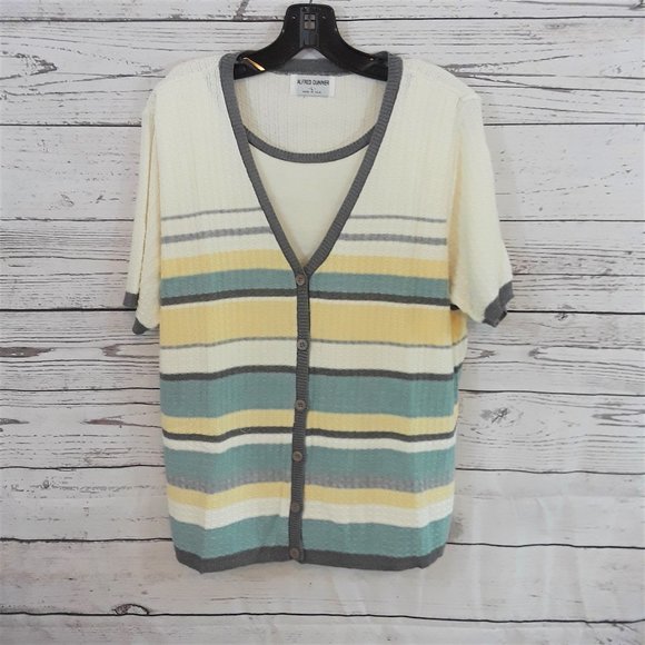 Alfred Dunner Knit Top Cream Pale Yellow Teal Gray - Picture 1 of 6